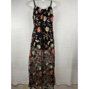 Iris Floral Embroidered Mesh Maxi Romper Dress Black Orange Green Medium ID3607